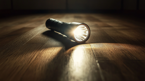Handheld flashlight resting on wooden floor, illuminating dark passage.