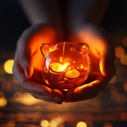 Hands hold glowing piggy bank, financial symbols background Hands hold glowing piggy bank, financial symbols background