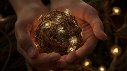 Hands hold mini globe with circuitry and plants