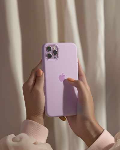 Hands texting on purple iPhone in premium photography