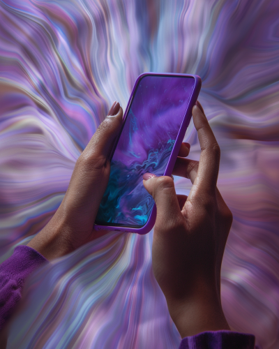 Hands texting on purple iPhone with dramatic effect