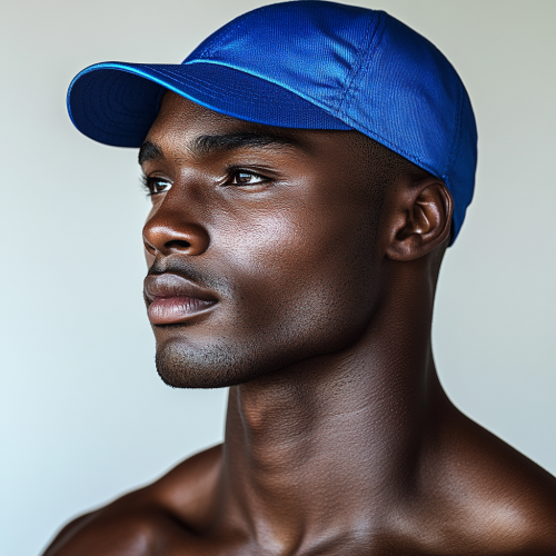 Handsome bald man in blue cap, athlete portrait