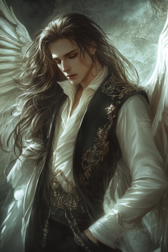 Handsome man in winged clothes, detailed, fantasy illustration.