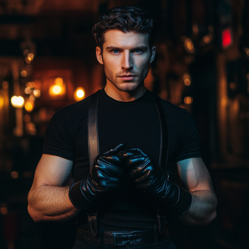 Handsome man with dark hair and blue eyes poses in nightclub