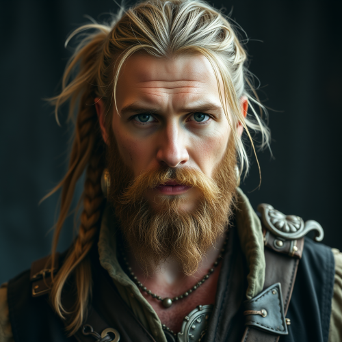 Handsome pirate with ponytail and facial hair.