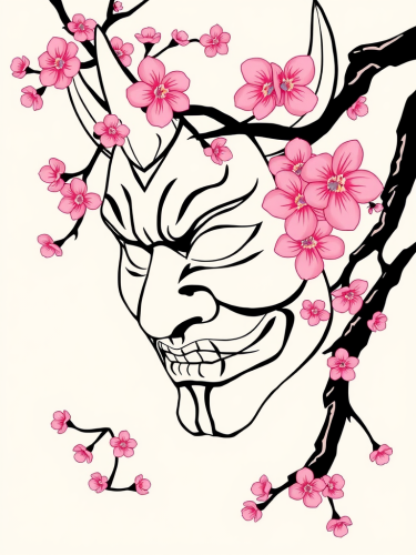 Hannya Mask Outline with Cherry Blossoms