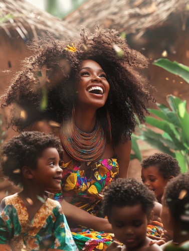 Happy African woman with big hair playing with children. Happy African woman with big hair playing with children.