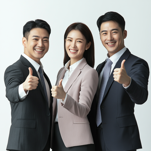 Happy Asian business trio smiling and giving thumbs up.