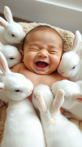Happy Baby Surrounded by Playful White Rabbits