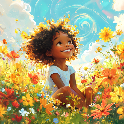 Happy Black child in flower field under colorful sky