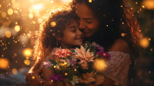 Happy Brazilian mother and daughter embrace with flowers