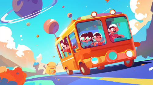 Happy Family Space Adventure in Cartoon Car