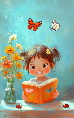 Happy Girl Reading with Ladybugs and Butterfly