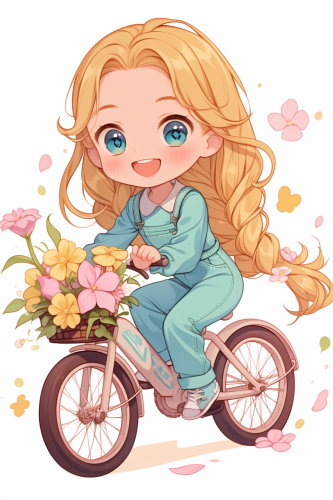 Happy Girl Riding Colorful bike with flowers