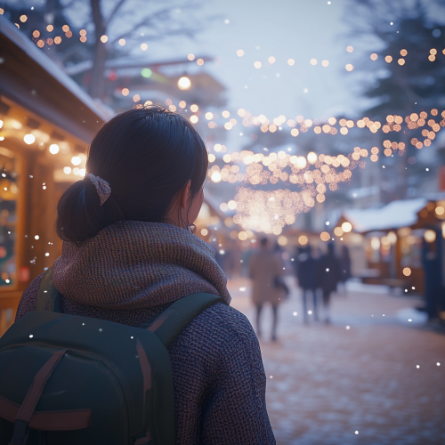 Happy Korean woman in fairytale winter festival town