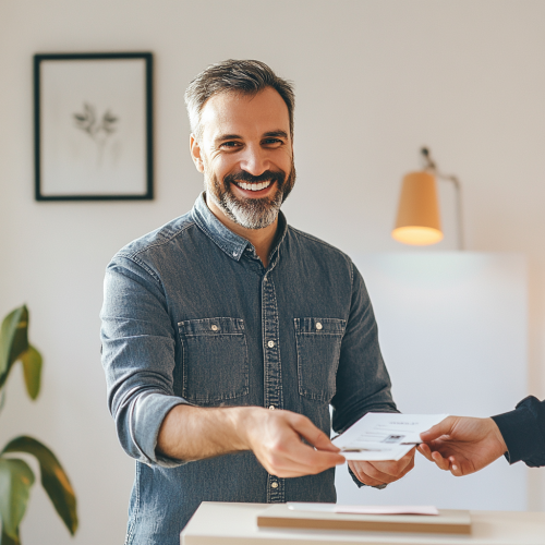 Happy Man Gives Key to Tenant in Office