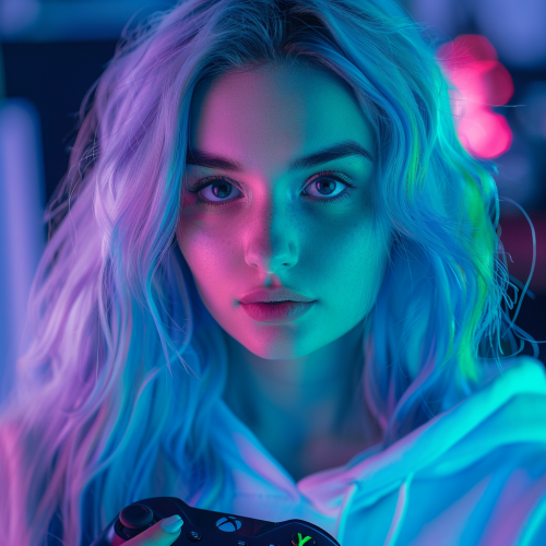 Happy blue-haired woman in hoodie with Xbox controller.