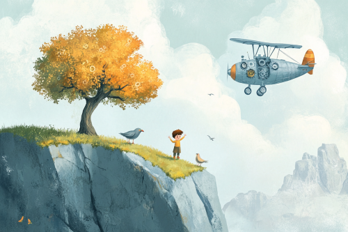 Happy boy and elephant on grassy mountain with toys.