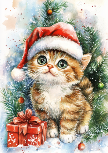 Happy cats with Santa hats near Christmas tree