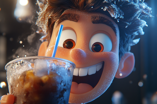 Happy character drinking iced coffee in 3D