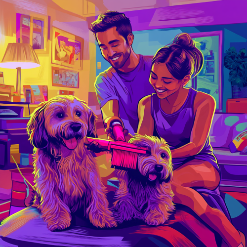 Happy couple grooming two dogs in colorful living room Happy couple grooming two dogs in colorful living room