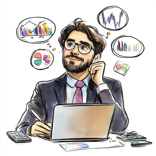 Happy executive in suit learning online surrounded by graphs.