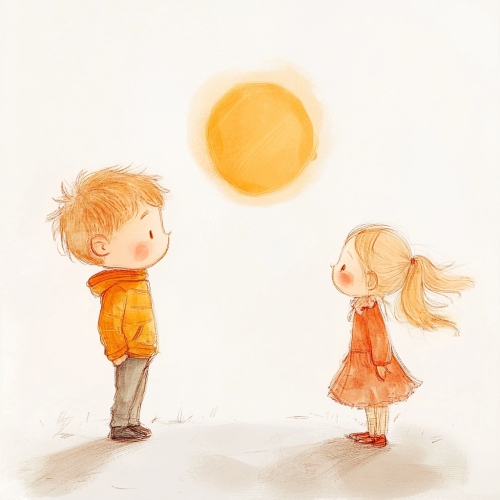 Happy kids watching sunset in minimalistic drawing style