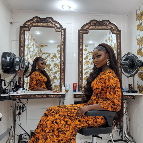 Happy lady in African salon getting make-up done.