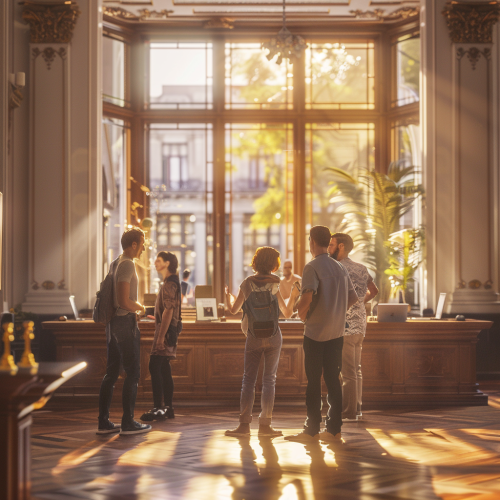 Happy people working in Spanish museum, photorealistic 4K photo