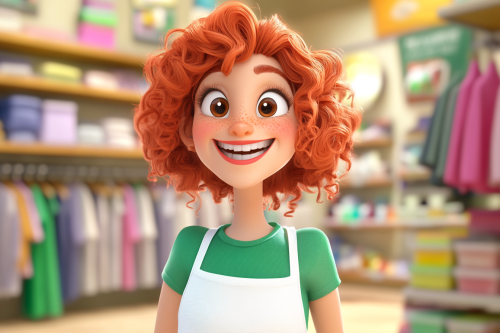 Happy red-haired lady cartoon shops with cash