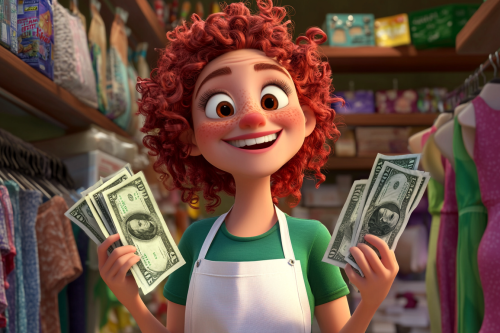 Happy red-haired lady holds cash in clothing store