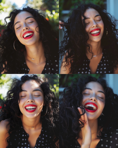Happy woman ready for travel, long hair, red lipstick.