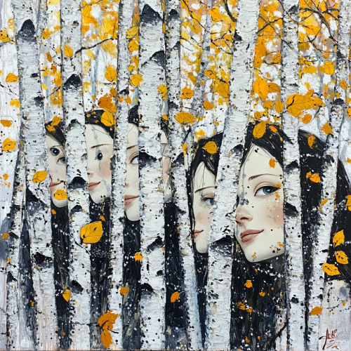 Happy women in birch trees, winter folk art.
