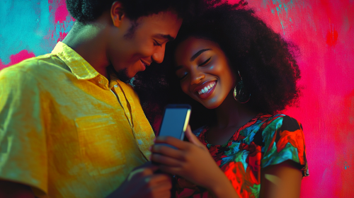 Happy young Afro-African men and women looking at phone.