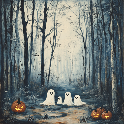 Haunted Forest Oil Painting with Cute Ghost Family