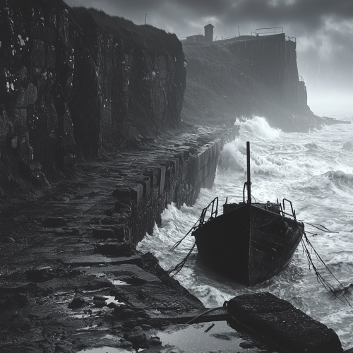 Haunted Scottish Fishing Port in Monochromatic Mist
