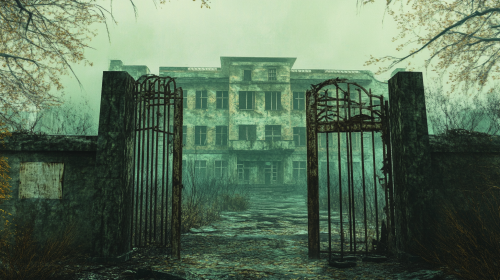 Haunted hospital gate in misty, cinematic painting scene
