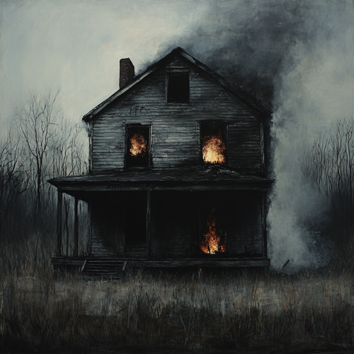Haunted old house burning in dark, eerie painting.