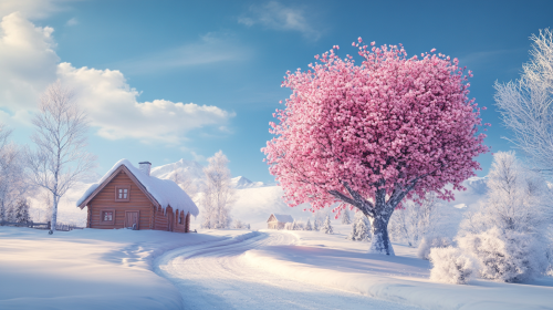 Heart-shaped tree by snowy road with houses
