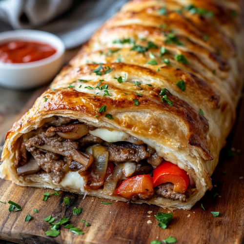 Hearty Mozzarella Cheesesteak Stromboli with savory garlic filling.