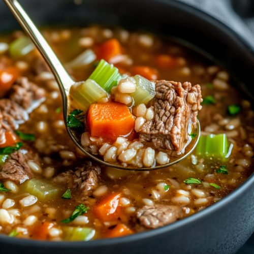 Hearty beef barley soup with vegetables and barley Hearty beef barley soup with vegetables and barley