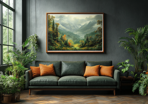 High quality photo of dark sofa, plants, framed board.