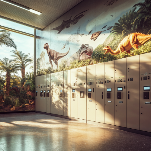 High-resolution camera capturing image of RFID lockers with murals.