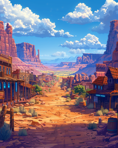 High resolution cartoon style illustration of dusty town.