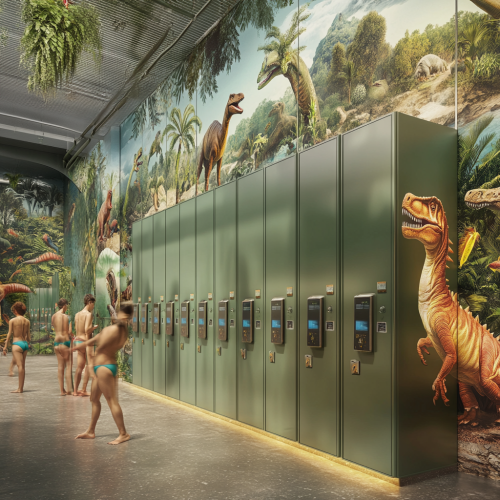 High-resolution image of RFID lockers with dinosaur murals. High-resolution image of RFID lockers with dinosaur murals.