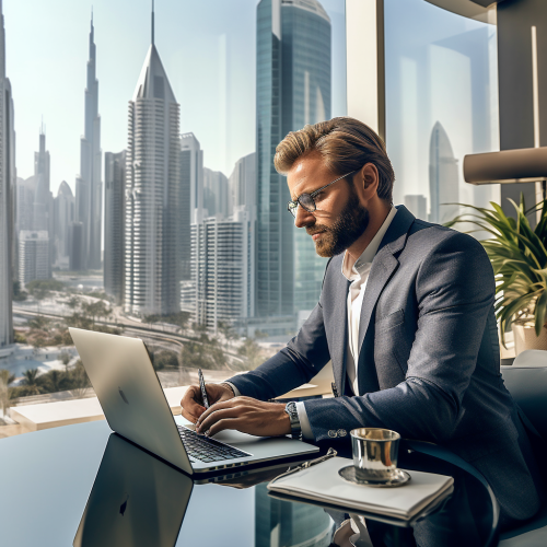 High-resolution photo of real estate agent in Dubai office.
