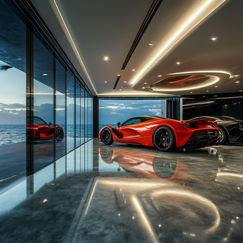 High-tech car display in luxury mansion garage