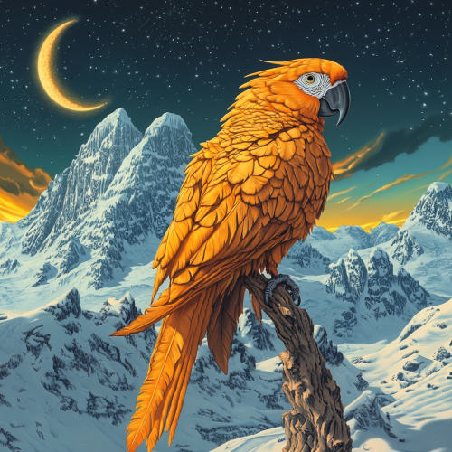 Highly detailed magical illustration focus on majestic orange parrot. Highly detailed magical illustration focus on majestic orange parrot.