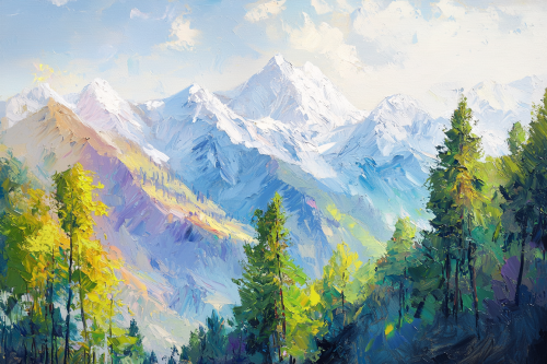 Himalayan mountains oil painting with green trees, sunny day.