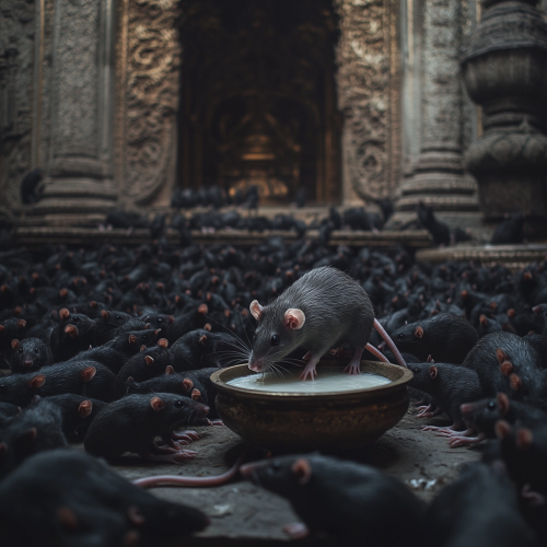 Hindu Temple: Black Rats and White Rat Drinking Milk